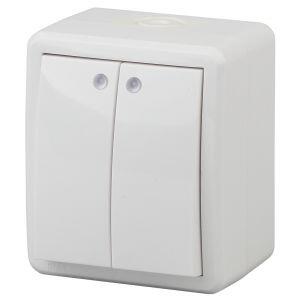11-1405-01 ЭРА Выключатель двойной с подсветкой IP54, 10АХ-250В, ОУ, Эра Эксперт, белый (16/160/2560