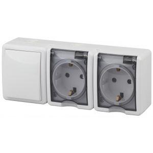 11-7403-01 ЭРА Блок две розетки+выключатель IP54, 16A(10AX)-250В, ОУ, Эра Эксперт, белый (5/50/800)