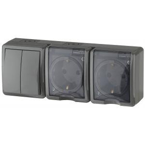11-7404-03 ЭРА Блок две розетки+выключатель двойной IP54, 16A(10AX)-250В, ОУ, Эра Эксперт, серый (5/