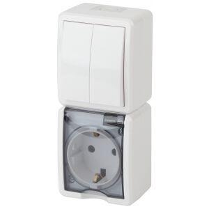 11-7408-01 ЭРА Блок розетка+выкл. двойн. верт. IP54, 16A(10AX)-250В, ОУ, Эра Эксперт, белый (5/50/80
