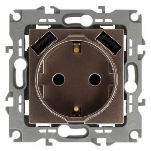 12-4109-13 ЭРА Розетка 2P+E 16A-250В, штор. с 2xUSB 5В-3А, Эра12, бронза (10/100/2000)
