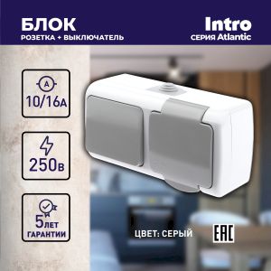 Блок розетка с выключателем Intro Atlantic 5-701-03 одноклавишным 2P+E, 10(16)А-250В, открытой установки, IP54, серый