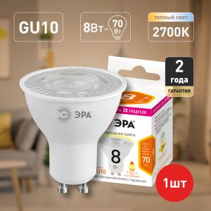 Лампочка светодиодная ЭРА STD LED Lense MR16-8W-827-GU10 GU10 8Вт линзованная софит теплый белый свет Лампочка светодиодная ЭРА STD LED Lense MR16-8W-827-GU10 GU10 8Вт линзованная софит теплый белый свет