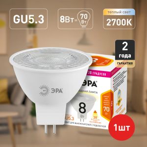 Лампочка светодиодная ЭРА STD LED Lense MR16-8W-827-GU5.3 GU5.3 8Вт линзованная софит теплый белый свет Лампочка светодиодная ЭРА STD LED Lense MR16-8W-827-GU5.3 GU5.3 8Вт линзованная софит теплый белый свет