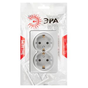 Розетка ЭРА Эксперт 11-2205-03 двойная с заземлением 2х2P+E Schuko IP20 16A-250В ОУ алюминий