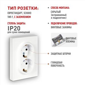 Розетка ЭРА Galaxy 15-2105-01 с заземлением двойная 2X2P+E Schuko со шторками IP20 16А-250В белый