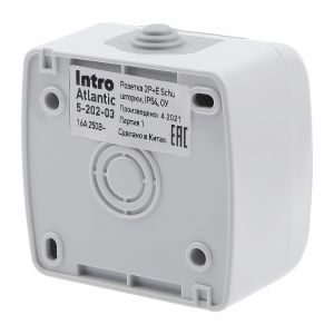 Розетка Intro Atlantic 5-202-03 с заземлением со шторками 2P+E Schuko, 16А-250В, IP54, открытой установки, серый Розетка Intro Atlantic 5-202-03 с заземлением со шторками 2P+E Schuko, 16А-250В, IP54, открытой установки, серый