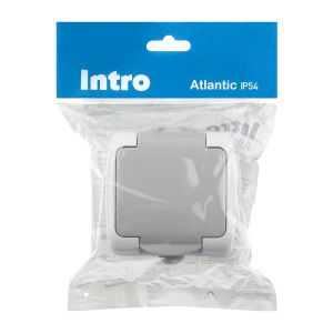 Розетка Intro Atlantic 5-202-03 с заземлением со шторками 2P+E Schuko, 16А-250В, IP54, открытой установки, серый Розетка Intro Atlantic 5-202-03 с заземлением со шторками 2P+E Schuko, 16А-250В, IP54, открытой установки, серый