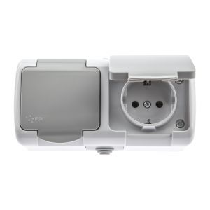 Розетка Intro Atlantic 5-203-03 двойная с заземлением 2х2P+E Schuko, 16А-250В, IP54, открытой установки, серый Розетка Intro Atlantic 5-203-03 двойная с заземлением 2х2P+E Schuko, 16А-250В, IP54, открытой установки, серый
