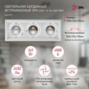 Светильник карданный встраиваемый ЭРА  SKD-13-36-40K-W09 3х9Вт 4000K 2430Лм 320х130х100