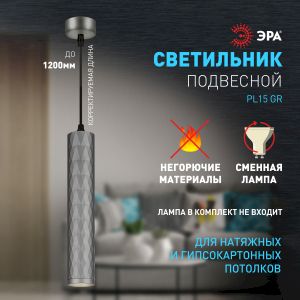 Светильник подвесной (подвес) ЭРА PL15 GR MR16 GU10 потолочный цилиндр графит Светильник подвесной (подвес) ЭРА PL15 GR MR16 GU10 потолочный цилиндр графит