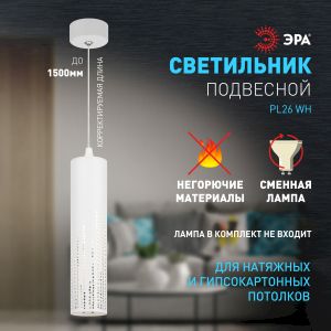 Светильник подвесной (подвес) ЭРА PL26 WH MR16 GU10 потолочный цилиндр белый Светильник подвесной (подвес) ЭРА PL26 WH MR16 GU10 потолочный цилиндр белый