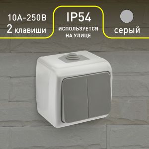 Выключатель Intro Atlantic 5-104-03 двойной, 10А-250В, IP54, открытой установки, серый Выключатель Intro Atlantic 5-104-03 двойной, 10А-250В, IP54, открытой установки, серый